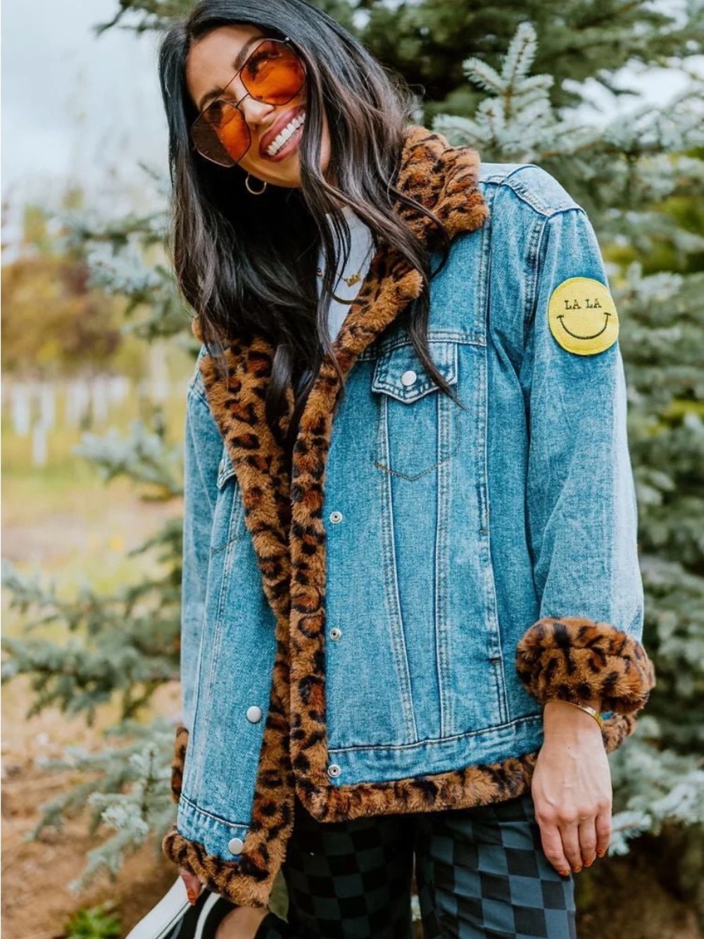 Lala Forever Patched Trucker Jacket in Leopard Size Small Oversized